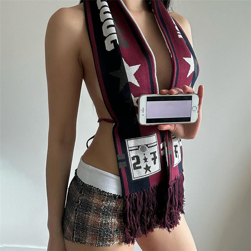 2024 Summer New European and American Fashion Hot Girl Sexy Backless Lace up Tassel Printed Scarf Top