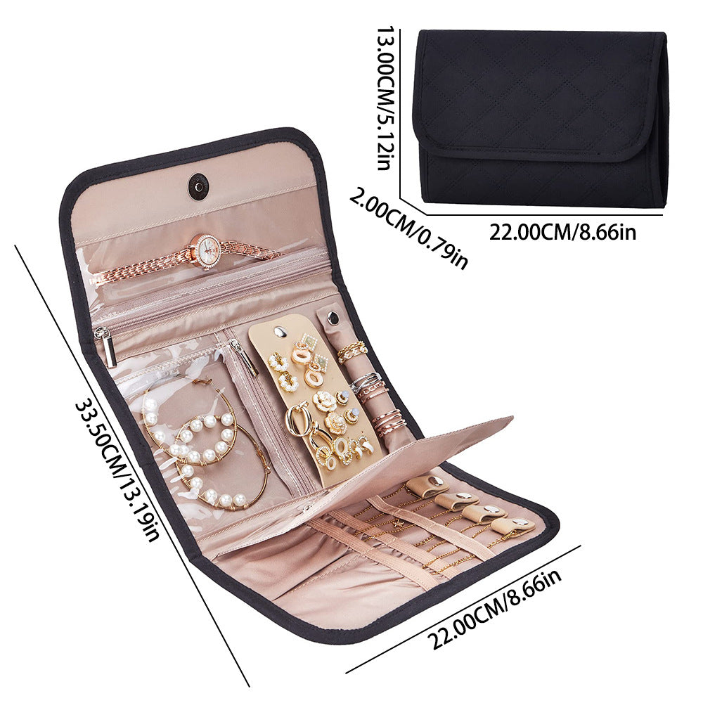 foldable jewelry organizer dimension chart showing 22 x 13 x 2 cm when closed and 33.5 x 22 cm when open