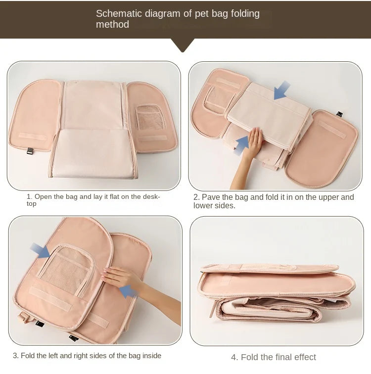 foldable pet carrier bag storage method showing body panels folding flat for compact storage