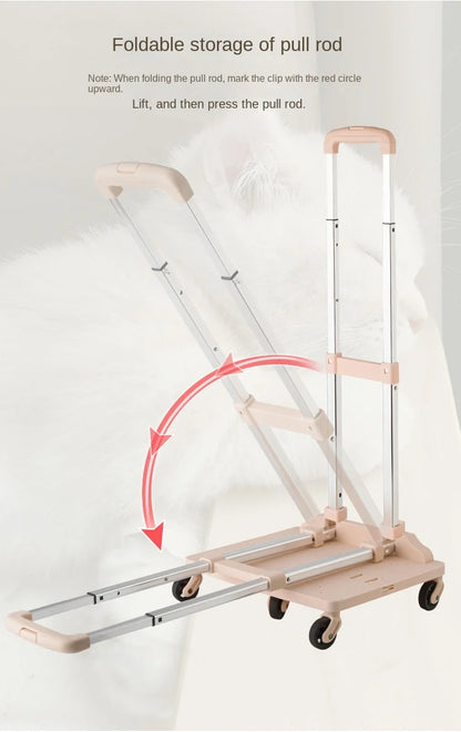foldable pet carrier trolley frame showing retractable handle base and four wheel folding mechanism