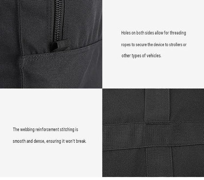 foldable travel bag detail showing side attachment point and dense reinforced webbing stitching