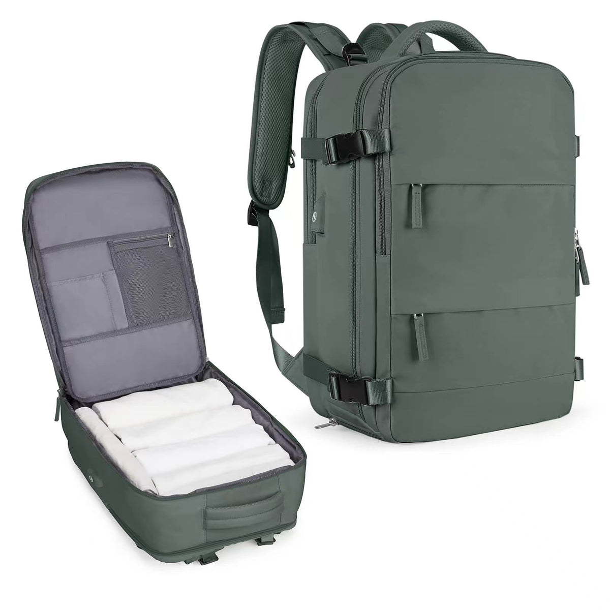 forest green travel backpack with laptop compartment and separate shoe storage