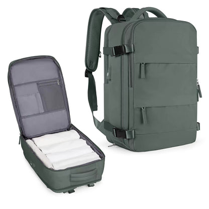 forest green travel backpack with laptop compartment and separate shoe storage