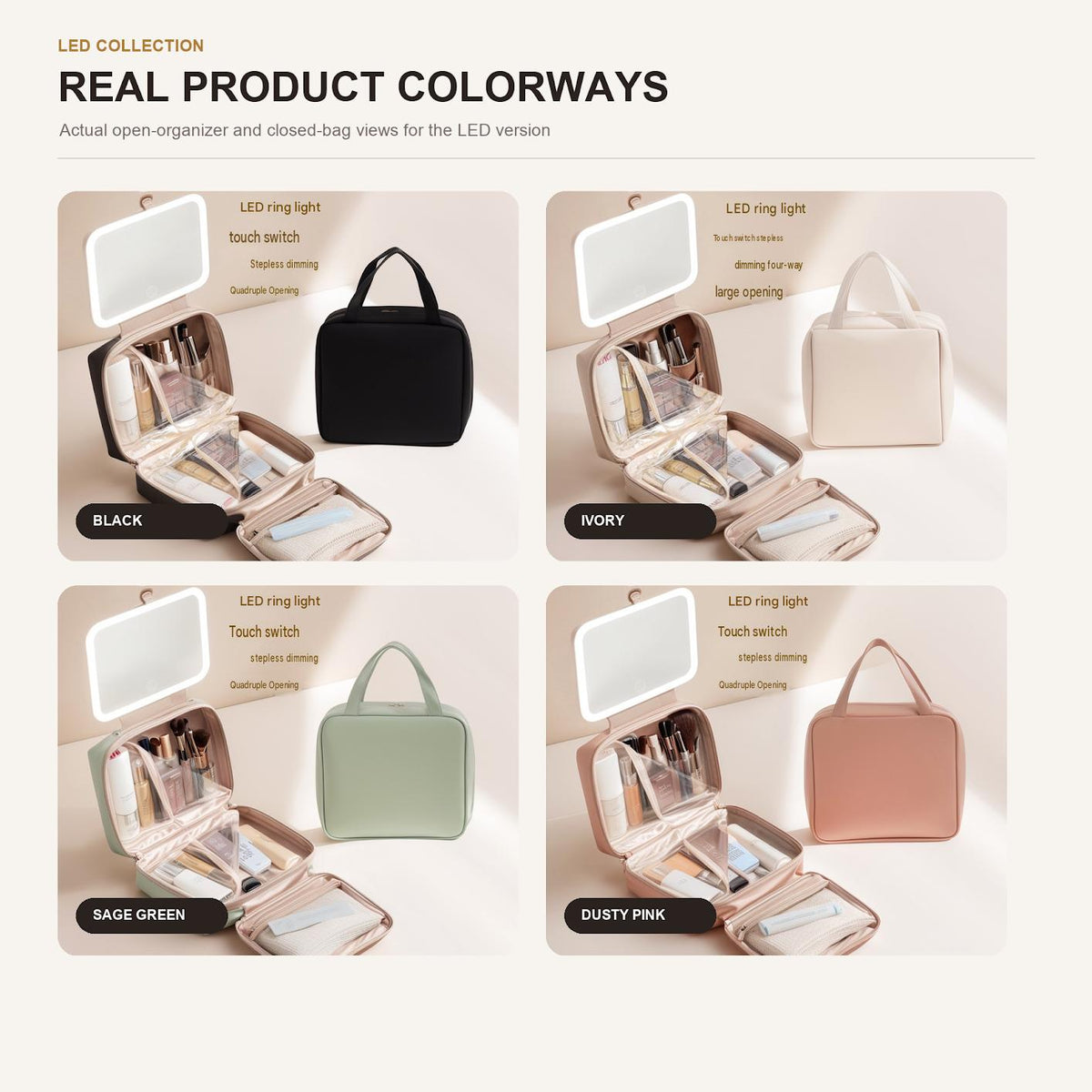 led mirror makeup bags in black ivory sage green and dusty pink with open three section organizers