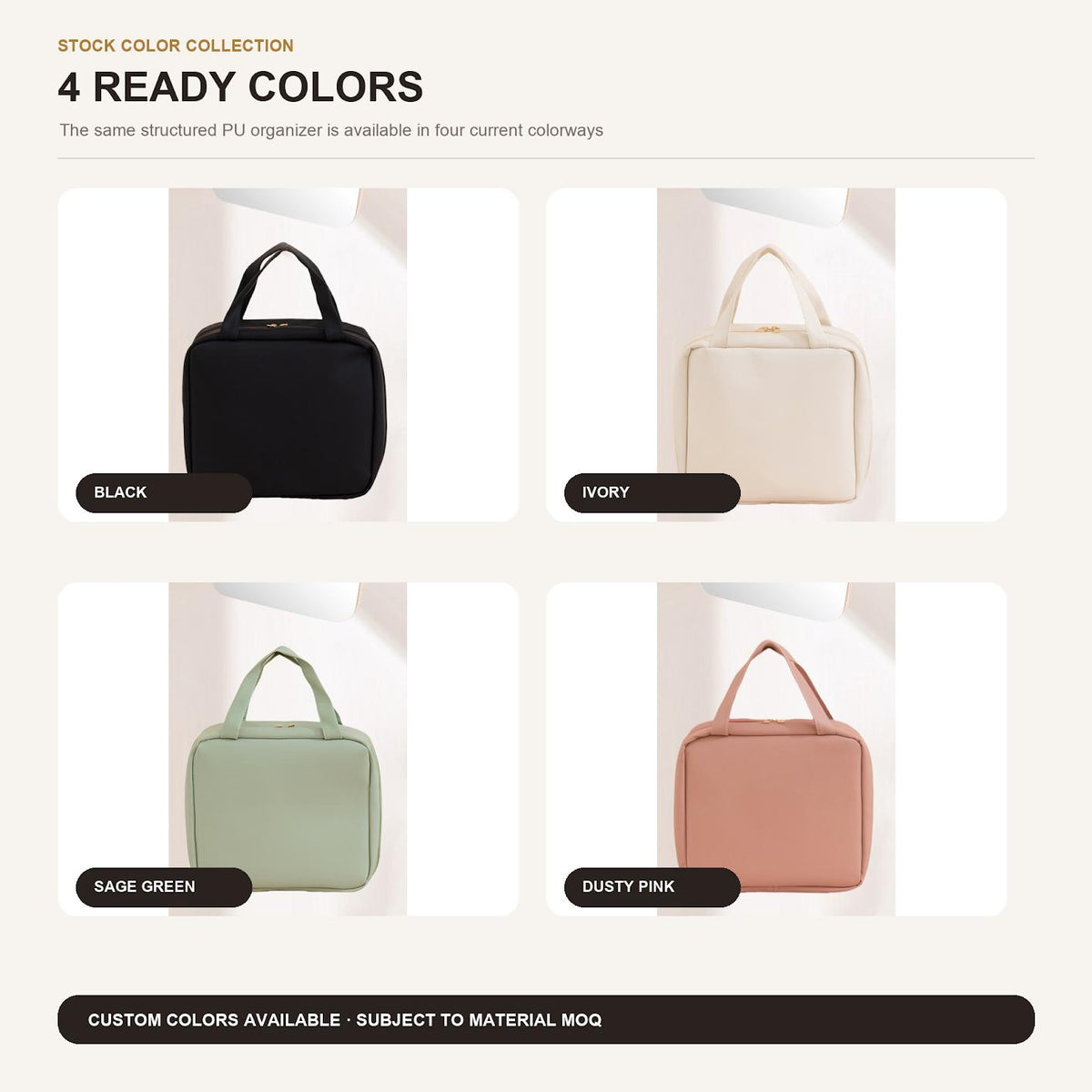 structured pu makeup organizer cases in black ivory sage green and dusty pink with top handles