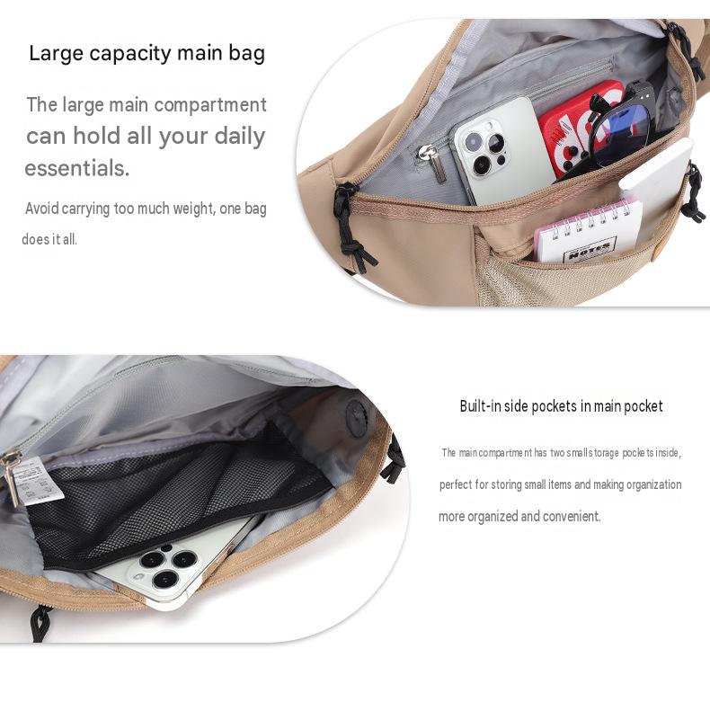 four pocket waist bag storage layout with large main compartment and internal mesh pockets