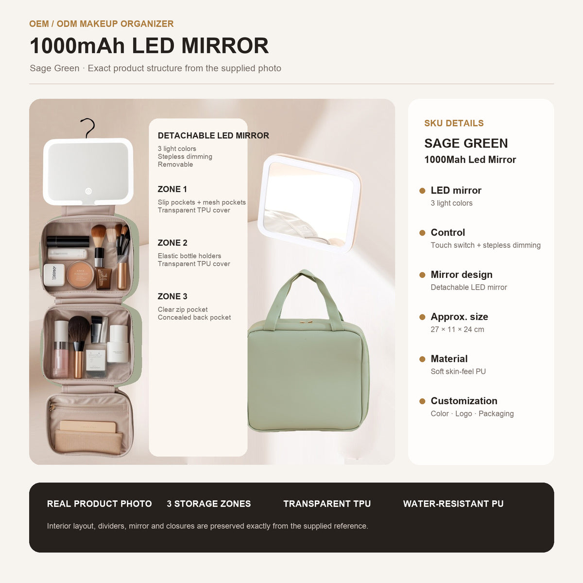 fruit green makeup organizer bag with 1000mah led mirror and clear tpu interior pockets