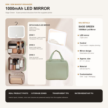 fruit green makeup organizer bag with 1000mah led mirror and clear tpu interior pockets