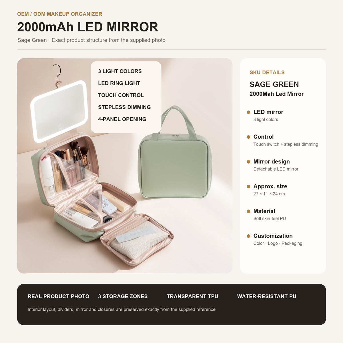 fruit green custom makeup bag with detachable 2000mah led mirror and organized storage for makeup tools