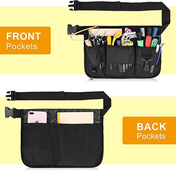 garden tool belt front and back pocket layout with multiple open tool sections and two rear storage pockets
