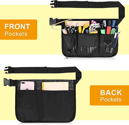 garden tool belt front and back pocket layout with multiple open tool sections and two rear storage pockets