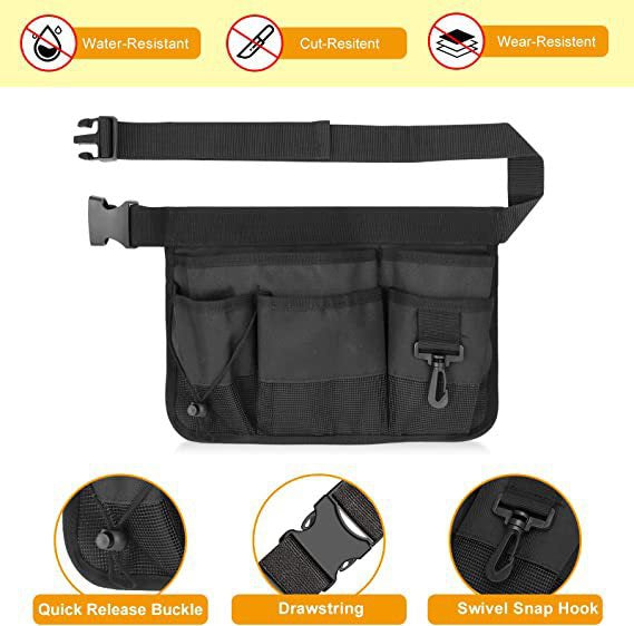 garden tool pouch detail showing quick-release buckle drawstring swivel snap hook and water-resistant wear-resistant construction claims