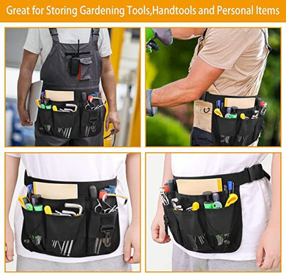 garden waist tool bag shown in gardening and work scenes with hand tools and personal items