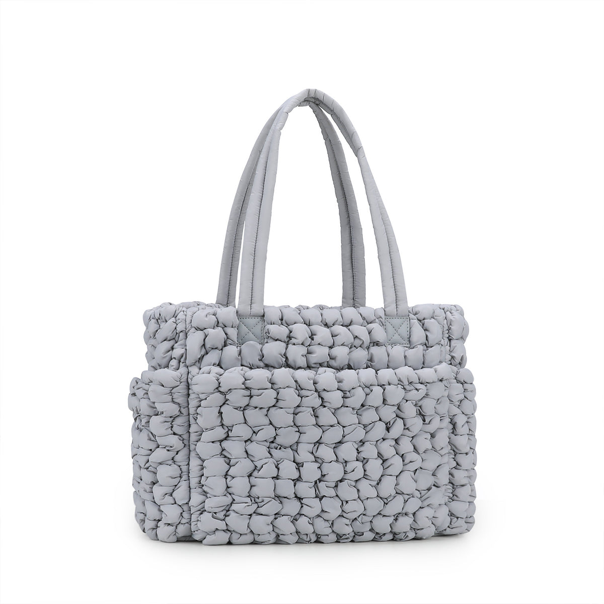 gray 40 cm puffy quilted diaper tote with waterproof nylon body and divided interior storage