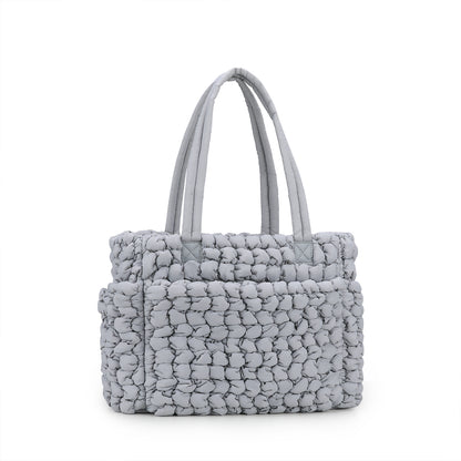 gray 40 cm puffy quilted diaper tote with waterproof nylon body and divided interior storage
