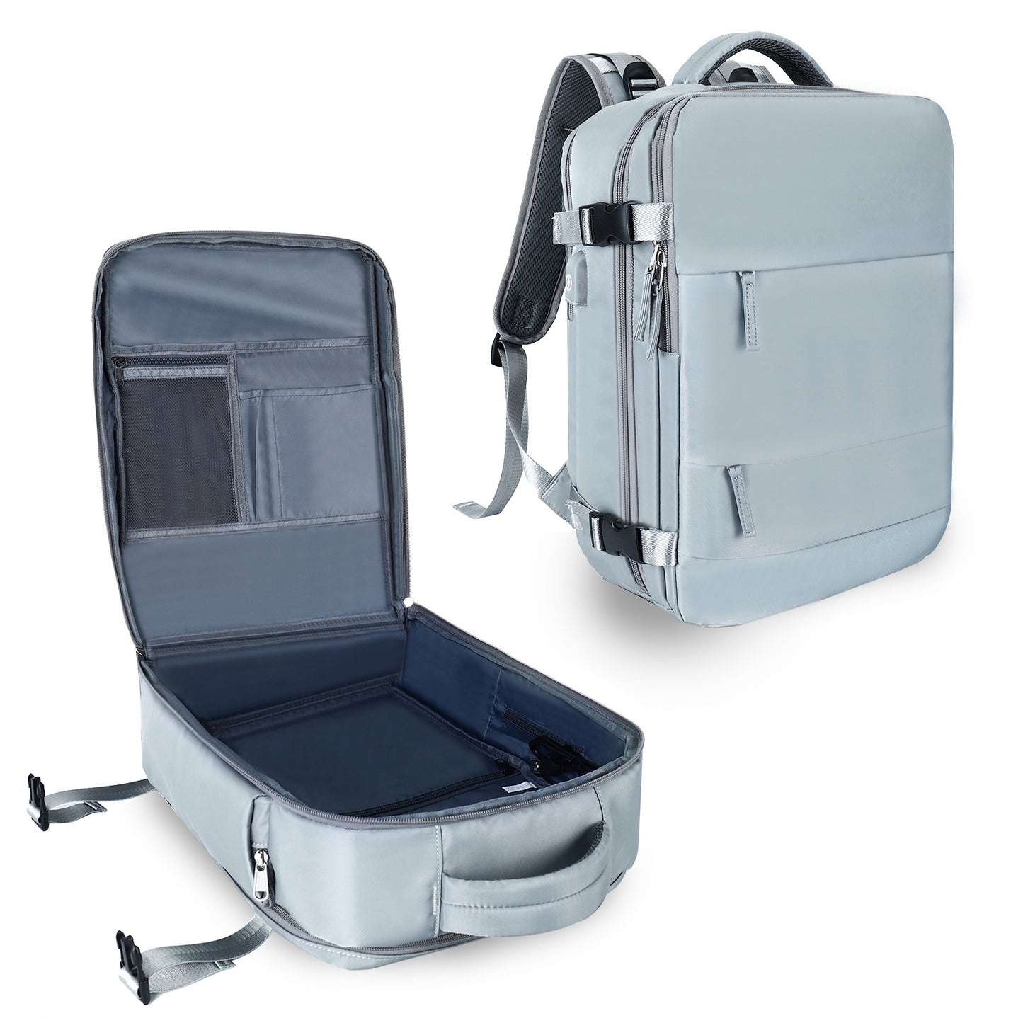 gray business travel backpack with laptop storage