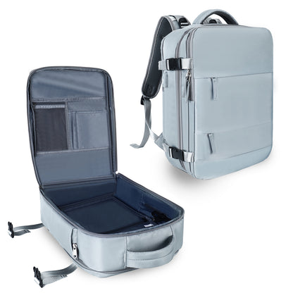 gray business travel backpack with laptop storage
