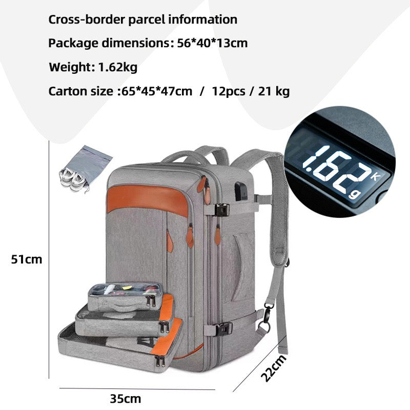 gray carry on travel backpack size specification with packing cube storage system