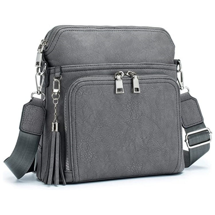gray crossbody bag with wallet compartment front zipper pockets matching shoulder strap and decorative tassel