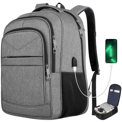 gray everyday computer travel pack with usb access and multiple storage compartments