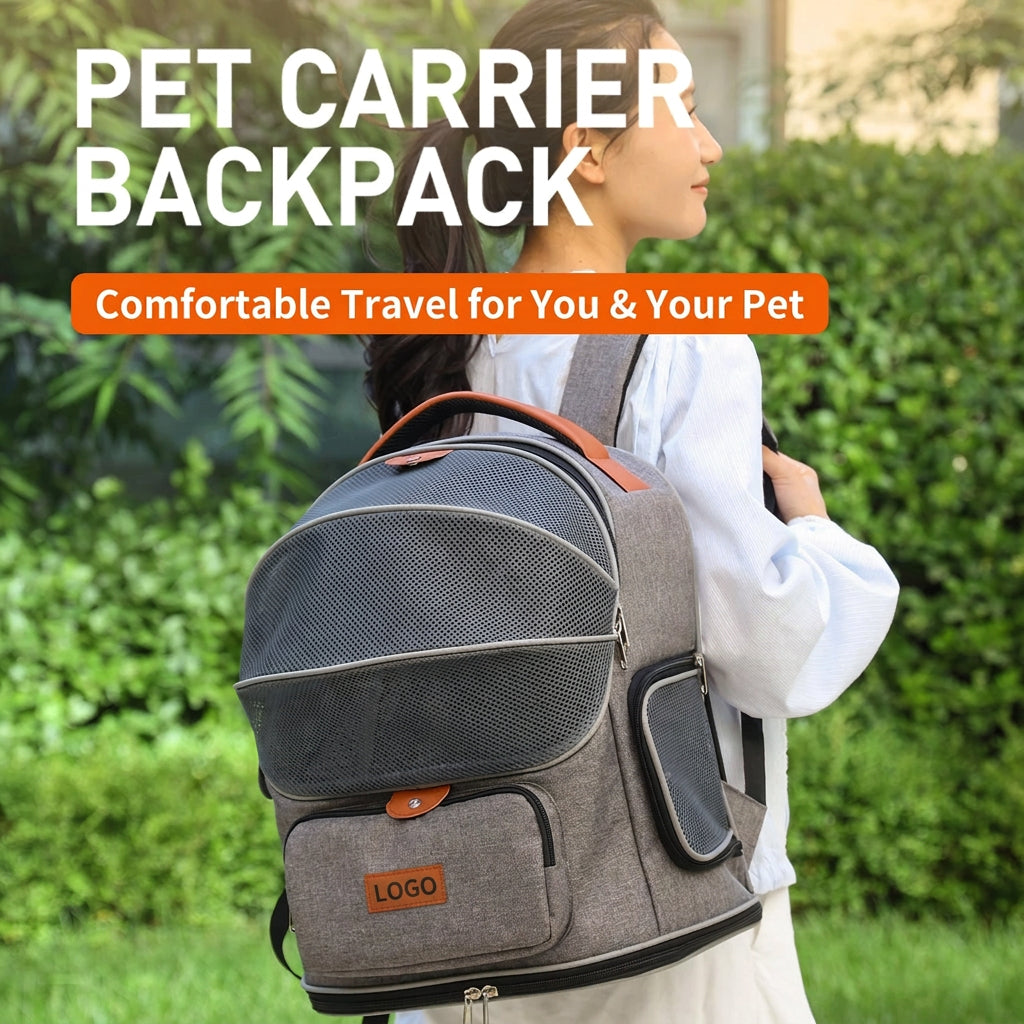 woman wearing gray expandable pet carrier backpack with curved front mesh panel and front zipper pocket