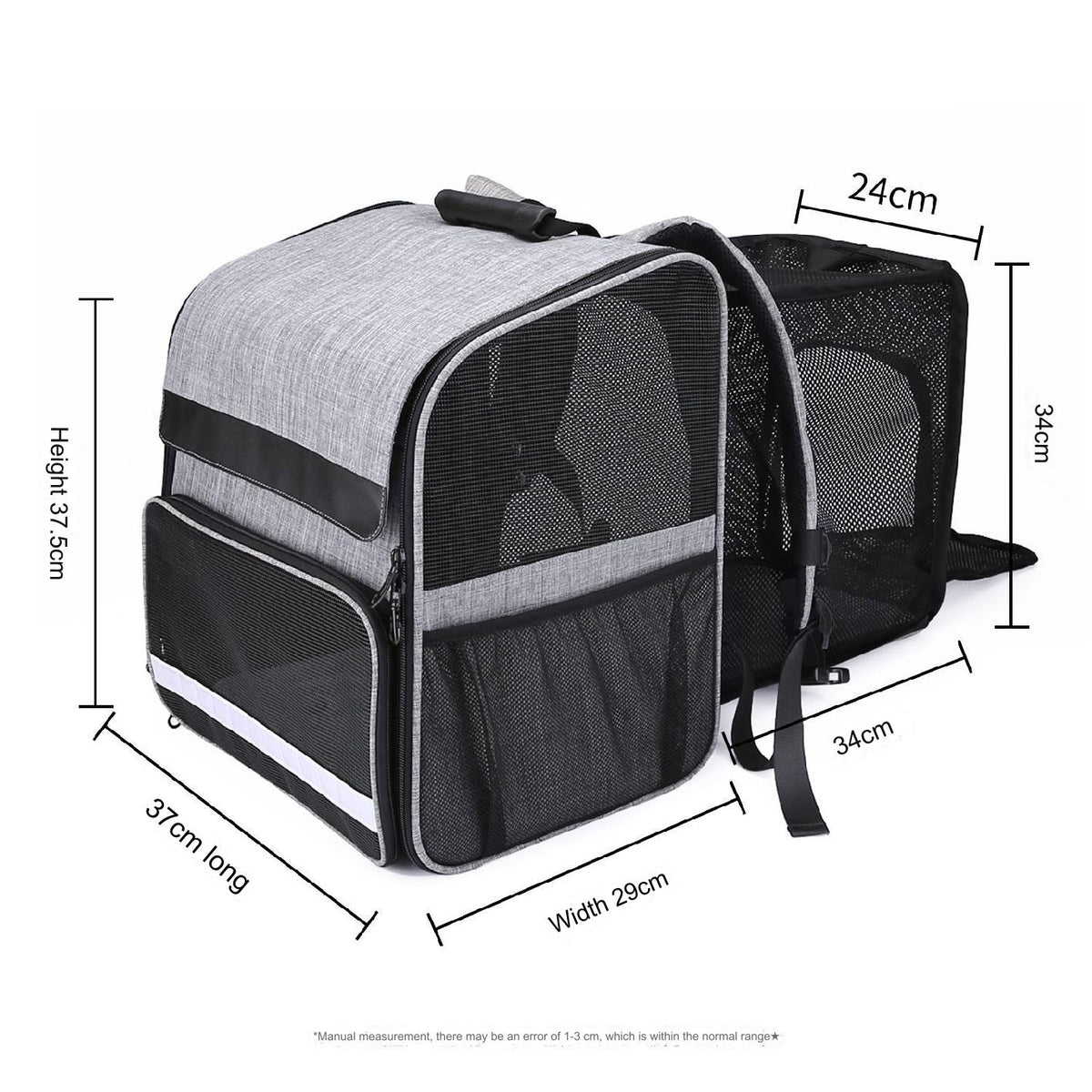 gray expandable pet carrier size diagram showing 37.5 cm main height and extended mesh compartment