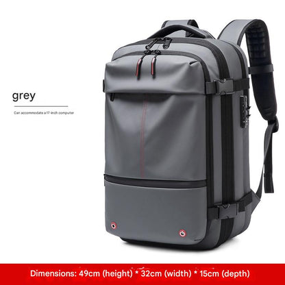 gray expandable travel backpack with laptop compartment and compression storage