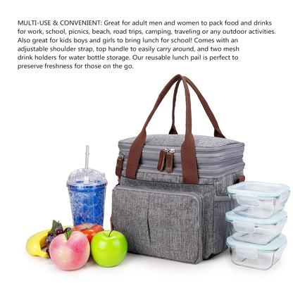 gray insulated picnic lunch cooler bag shown with food containers fruit and drink for work travel and outdoor use