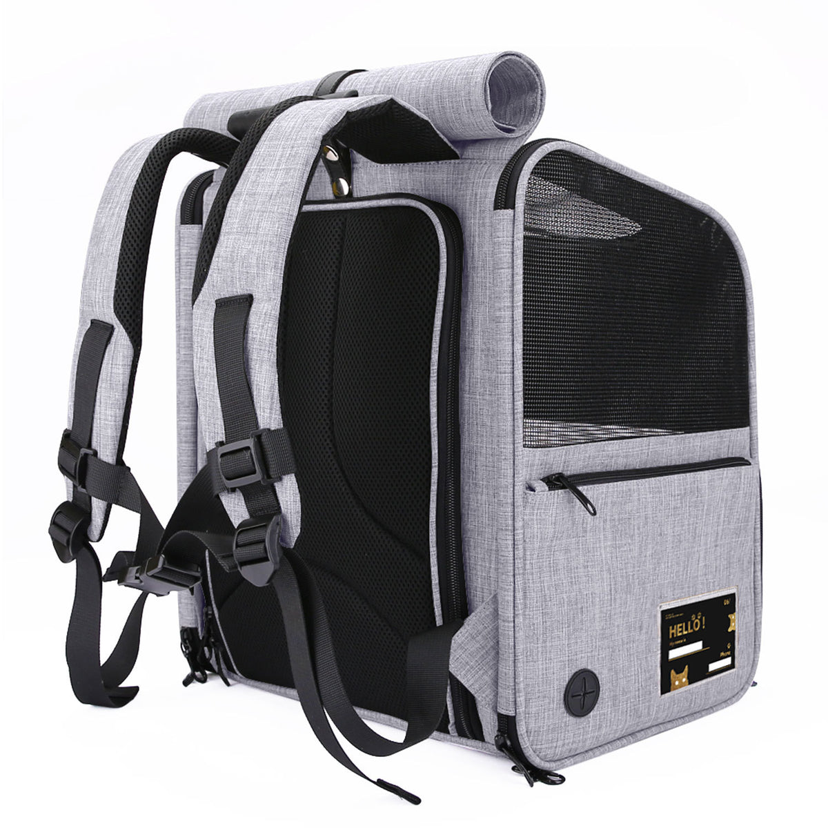 gray pet backpack carrier rear view with padded shoulder straps chest buckle and breathable back support