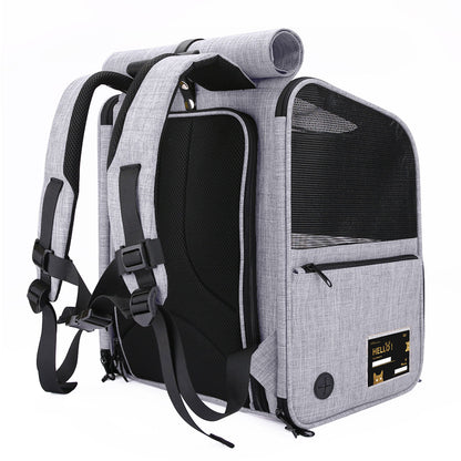 gray pet backpack carrier rear view with padded shoulder straps chest buckle and breathable back support