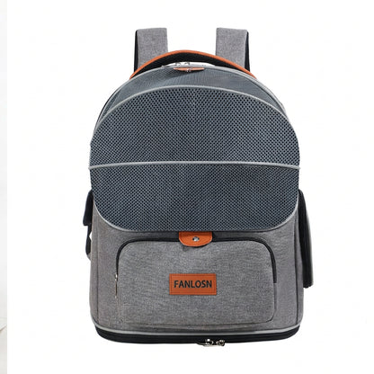 gray pet carrier backpack front view with curved mesh window front zipper pocket and orange logo patch