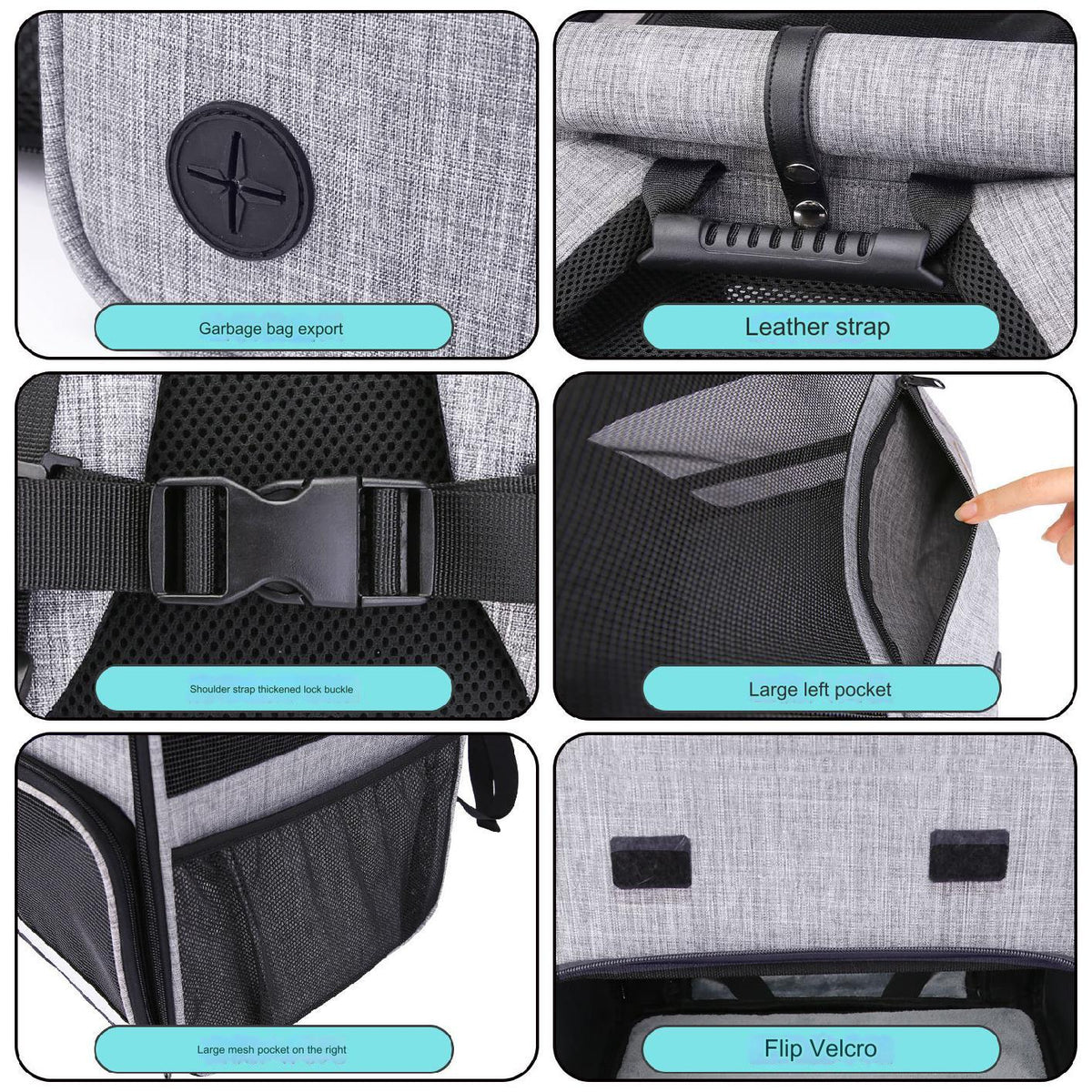 gray pet carrier backpack details with waste bag outlet carry handle buckle side pockets and hook and loop closure