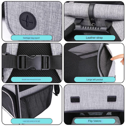 gray pet carrier backpack details with waste bag outlet carry handle buckle side pockets and hook and loop closure