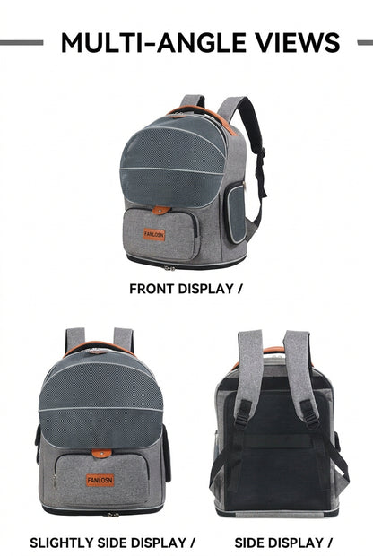 gray expandable pet carrier backpack shown from front rear and side angles
