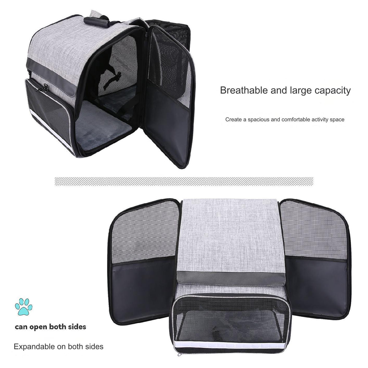 gray pet carrier backpack interior with large breathable mesh opening and spacious pet compartment