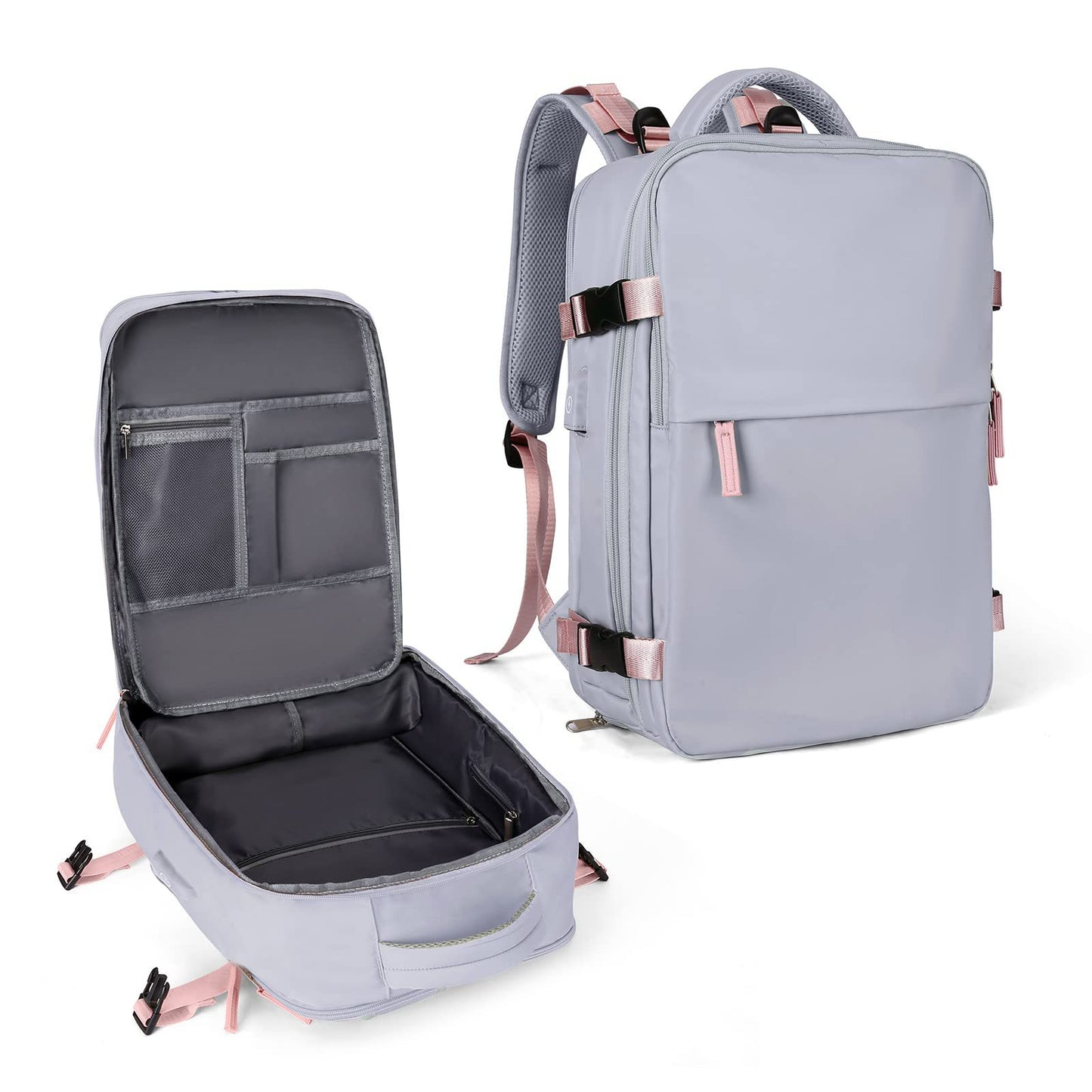 pink single pull travel backpack with laptop compartment