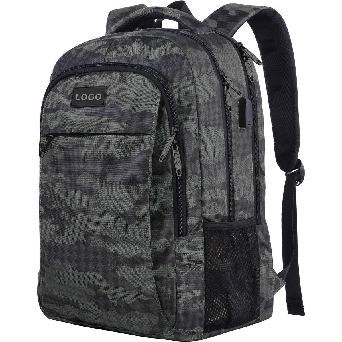 gray saber pattern laptop travel backpack with front organizer and side mesh storage pockets