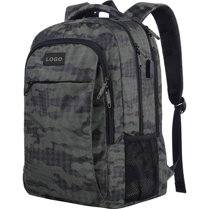 gray saber pattern laptop travel backpack with front organizer and side mesh storage pockets