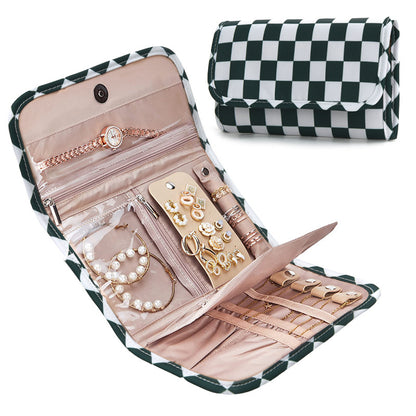 green and white checkered travel jewelry organizer with foldable flap clear PVC pockets and jewelry holders