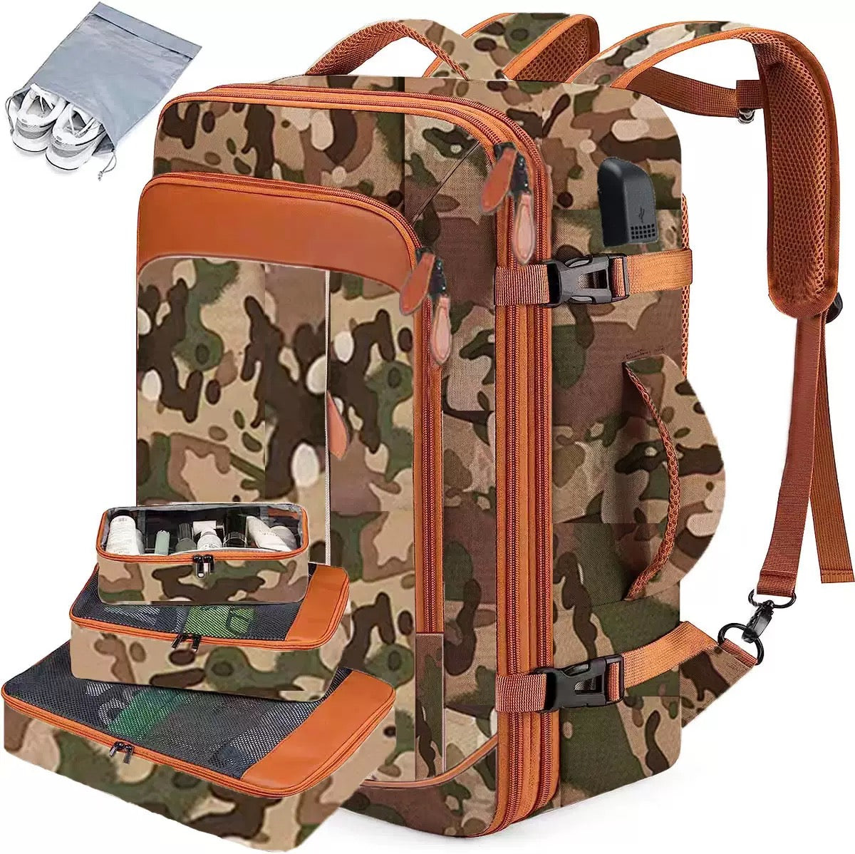 green camouflage expandable carry on travel backpack with organized storage compartments