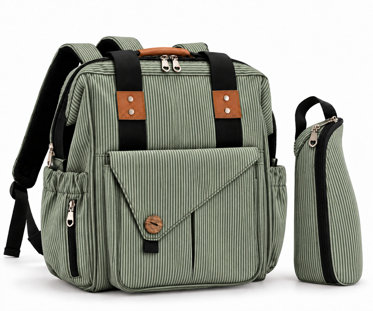green custom maternity backpack with vertical striped fabric wide top zipper front flap pocket and matching insulated bottle pouch