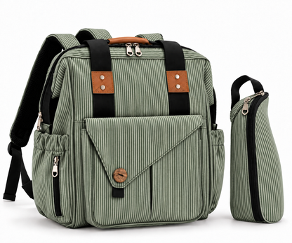 green custom maternity backpack with vertical striped fabric wide top zipper front flap pocket and matching insulated bottle pouch