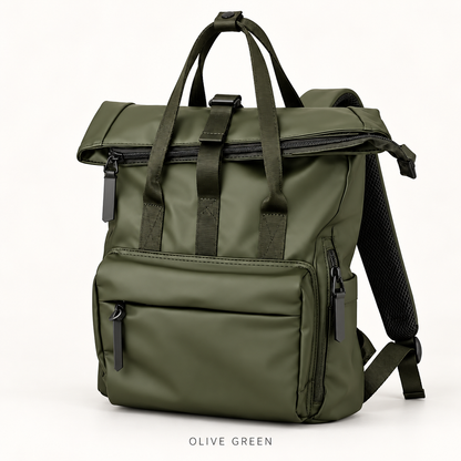 green custom pu commuter backpack with folding top closure front zipper pocket side zip storage and webbing handles