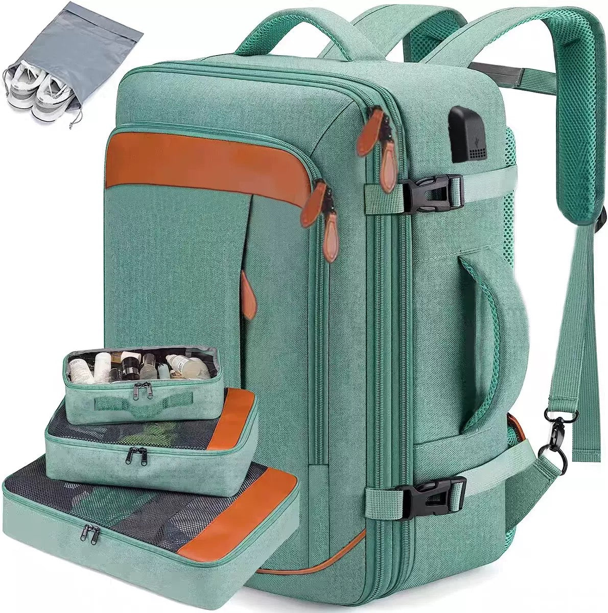green expandable travel backpack for outdoor travel and weekend trips