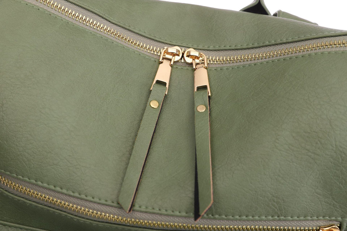 close up of green pu backpack with gold tone double zipper sliders leather look pull tabs and stitching