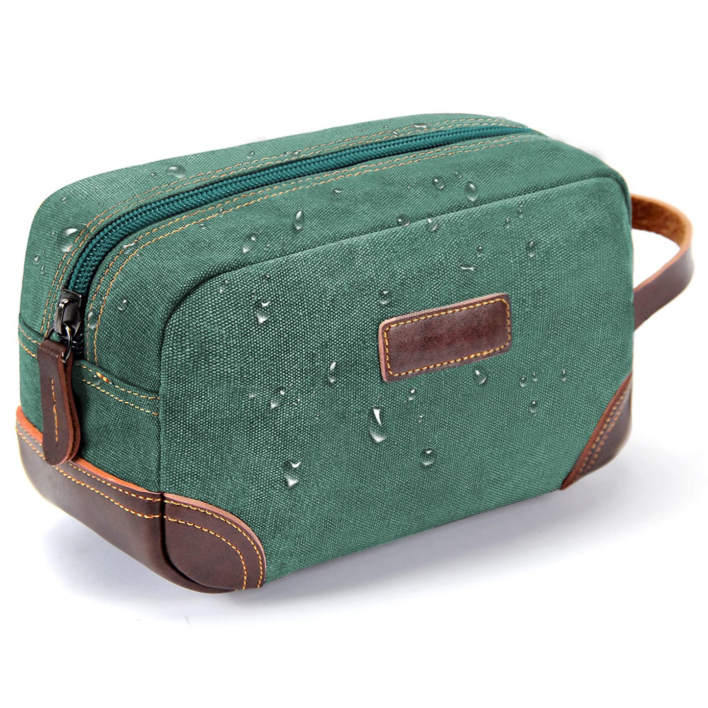 green vintage canvas toiletry bag with leather details