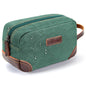 green vintage canvas toiletry bag with leather details
