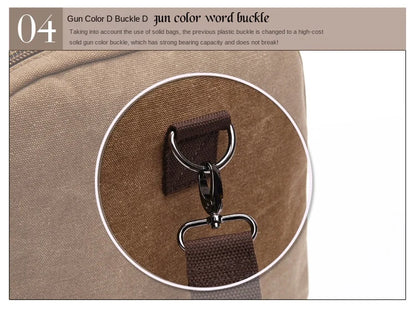 gunmetal shoulder strap hook and reinforced attachment point on canvas duffel bag