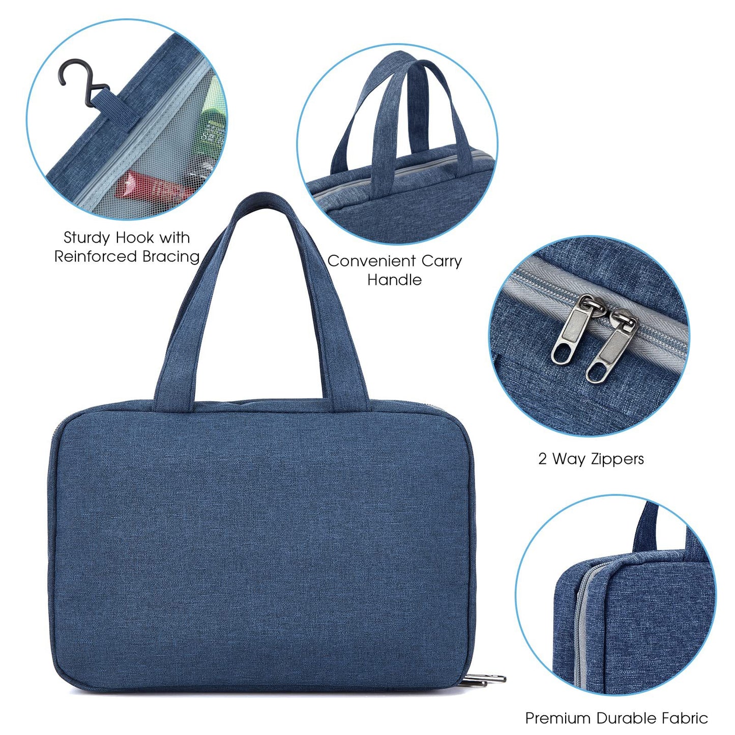 hanging toiletry bag for women with reinforced hook and double zipper