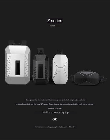 black hard shell crossbody bag product information graphic showing compact storage and everyday electronic accessories